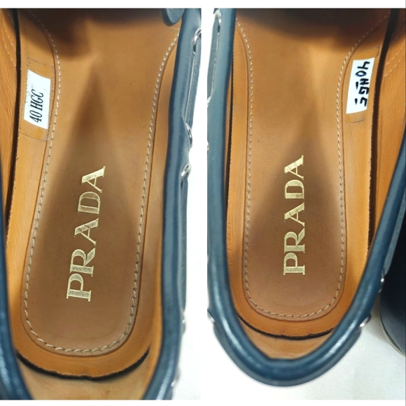 Prada Men's Navy/White Stripe Detail Penny Loafer Moccasin Shoes - Picture 9 of 13